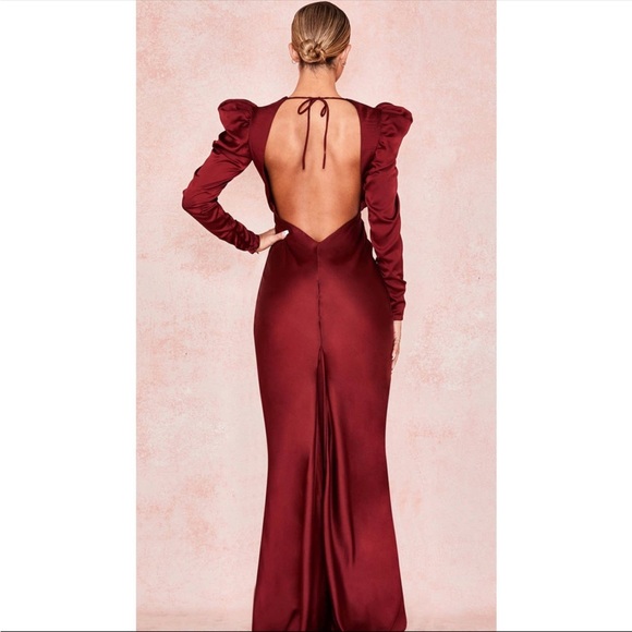 HOUSE OF CB Ottillie Sexy Open Back Puff Sleeves
Silky Satin Red Maxi Gown Dress - Picture 12 of 14